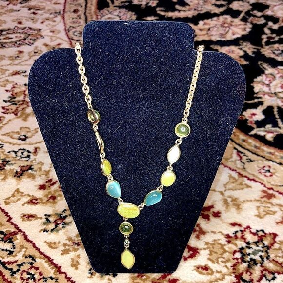 Vintage Gold Chain Gem Stone Blue Yellow and Green Necklace - Picture 1 of 4